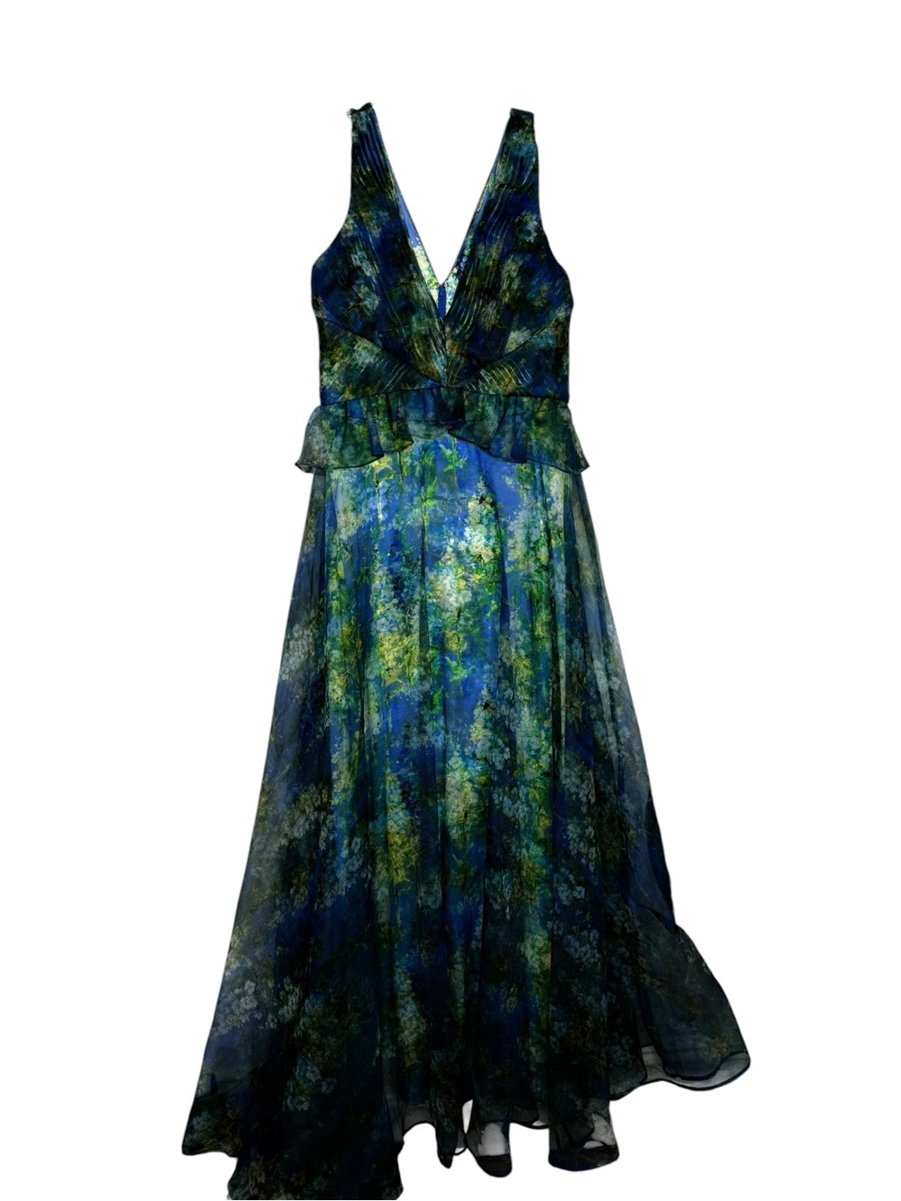 Theia Blue Green Floral Chiffon Evening Gown Size 8 Sleeveless V-Neck Maxi Dress